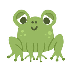 Vector cartoon frog. Funny woodland swamp animal. Cute forest illustration for kids isolated on white background. Green sitting toad icon.