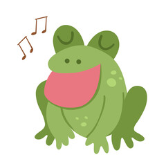 Vector singing frog. Funny woodland swamp animal. Cute forest illustration for kids isolated on white background. Green cartoon toad icon.