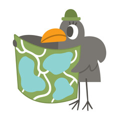 Vector bird in hat looking at the map. Funny woodland animal. Cute forest illustration for kids isolated on white background. Comic raven or crow icon.