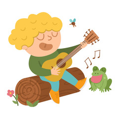 Vector cute boy playing the guitar and singing sitting on a log. Campfire activity scene with cute kid and frog. Traveler isolated on white background. Outdoor or summer camp tourist icon. .