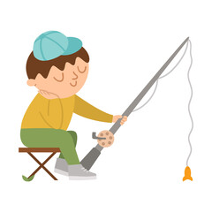 Vector cute boy sitting on a folding chair and fishing. Campfire activity scene with cute kid and rod. Traveler isolated on white background. Outdoor or summer camp tourist icon. .