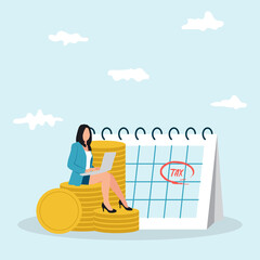 Vectir illustration of Tax Day Reminder Concept. Business woman submit tax by online concept, online tax payment and report. Business income.