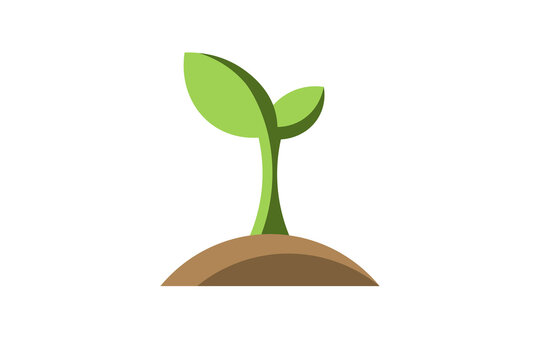 Schematic drawing on a white background - a green sprout sprouting from the ground. Minimalist, consists of four colors