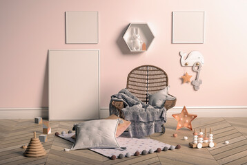 Baby room, mock up poster on wall, 3d illustration
