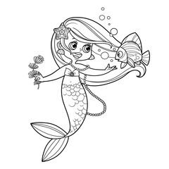 Cute little mermaid girl with seaweed in hand speaks with fish outlined for coloring page isolated on white background