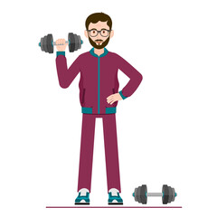 A man with dumbbells. Vector image of a person lifting dumbbells. Bodybuilding. Athlete for animation. All the details are on separate layers with names. Editable strokes.