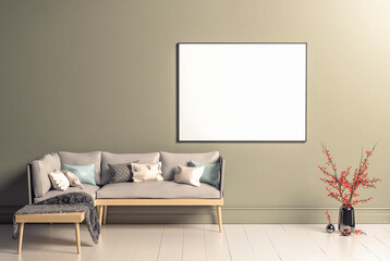 Blank horizontal poster frame mock up in scandinavian style living room interior, modern living room interior background,, 3d rendering