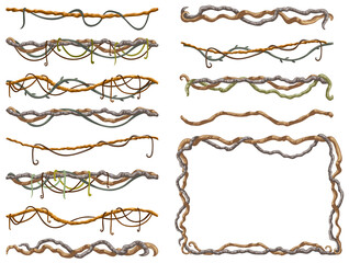 Stems hedera helix, ivy, liana, grapes, vine. Branches tropical creeper. Jungle plants. Isolated game cartoon vector on white background. 
