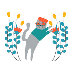 Summer postcard or print. Hipster cat wearing glasses with reflection of flowers, as well as flowers and leaves around. © Gulnaz