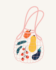 Vector illustration of mesh eco bag with vegetables inside, on a beige. Hand-drawn eco bag set with tomato, cucumber, eggplant, pumpkin, pepper. Shopper, ecological fabric package. Zero waste concept.