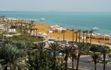 View onto the hotels and beach near Dead sea in Israel