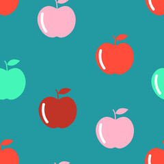 Apples fruit on a blue background for printing on fabric, textiles, pillows, wallpaper. Modern cute childish seamless print. Vector graphics.