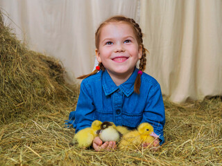 Little red-haired girl with hay with ducklings