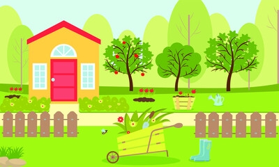 Summer landscape of the garden, with an apple tree and trees near the house. Vector illustration with flowers and flower beds. A wheelbarrow with grass, boots, a watering can