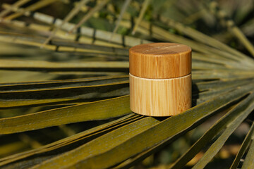 Bamboo cream jar on a background of palm leaves.Bamboo Bottle Cream Jar. Bamboo jar.