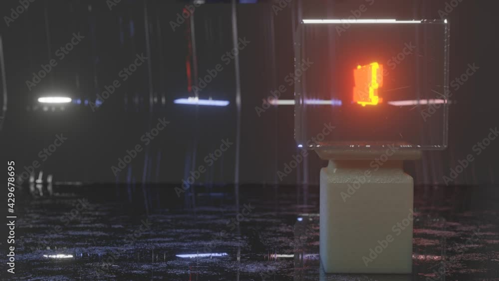 Poster three-dimensional glowing numbers with percentages slowly rotate in a glass cube in a dark scene. sa