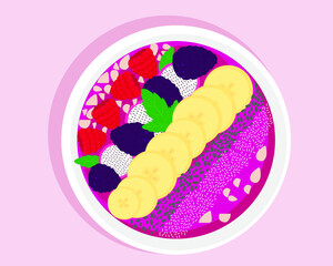 Pitaya smoothie breakfast bowl with banana, raspberry, blackberry, chia seeds, almond petals. A healthy, natural, summer food. A portion of yogurt with fruit in a bowl. 