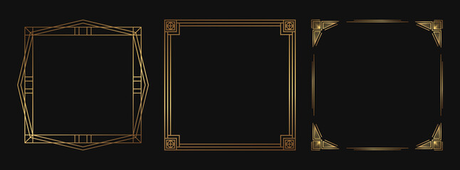 Set of golden decorative frames. Isolated Art Deco line art borders with empty space.