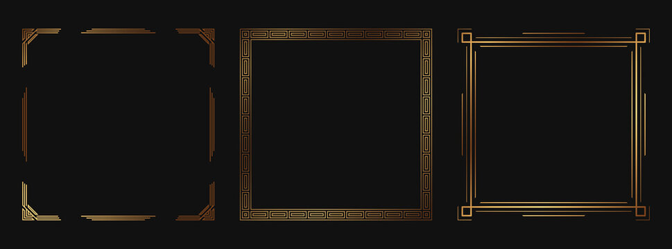 Set of golden decorative frames. Isolated Art Deco line art borders with empty space.