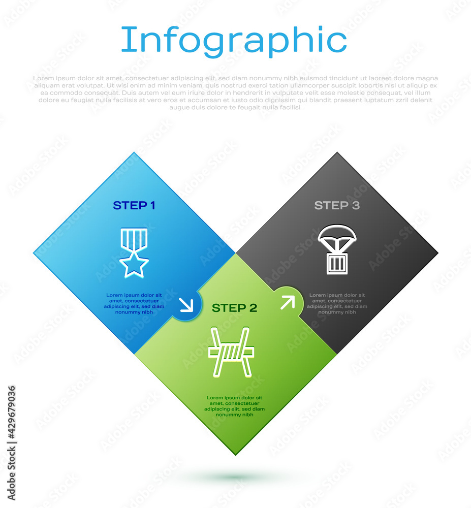 Sticker Set line Military reward medal, Airdrop box and Barbed wire. Business infographic template. Vector