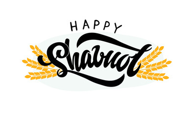 Happy Shavuot (Jewish holiday) handwritten text and wheat illustration isolated on white background, hand lettering for greeting card, decoration, logo, tag. Modern brush ink calligraphy. Vector  