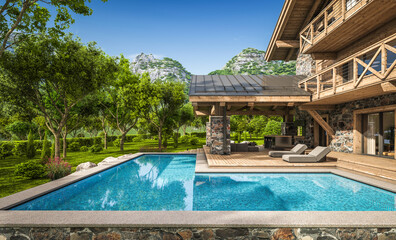 3d rendering of modern cozy chalet with pool and parking for sale or rent. Beautiful forest mountains on background. Massive timber beams columns. Clear sunny summer day with cloudless sky.