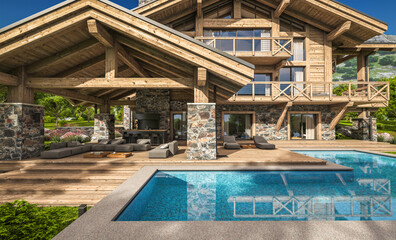 Fototapeta premium 3d rendering of modern cozy chalet with pool and parking for sale or rent. Beautiful forest mountains on background. Massive timber beams columns. Clear sunny summer day with cloudless sky.