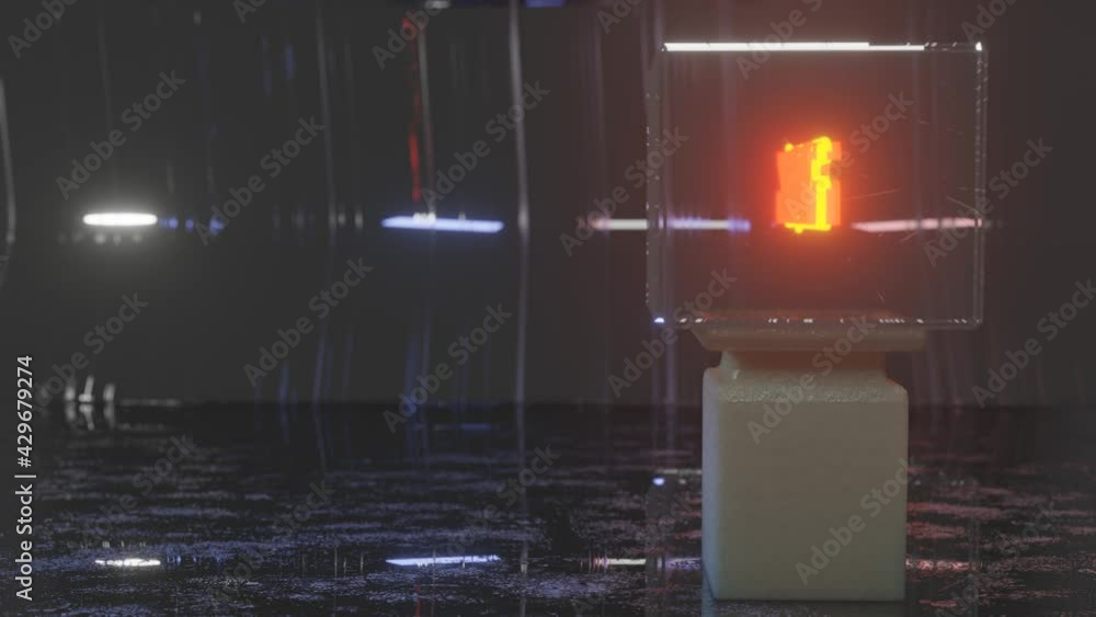 Poster three-dimensional glowing numbers with percentages slowly rotate in a glass cube in a dark scene. sa
