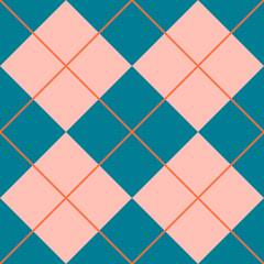 Argyll. Seamless pattern with squares, rhombuses and lines in blue and pink. For printing on fabrics, textiles, wrapping paper, interior decor, design. 