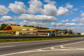 The building of a modern railway station in the village of Zhdanovichi Belarus.