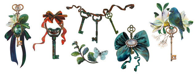 Rich antique keys, jewelry compositions, brooches, bows, keys, flowers, bird. Watercolor and gouache painted elements for retro vintage design - obrazy, fototapety, plakaty