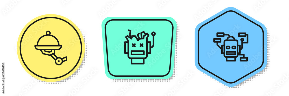 Poster set line waiter robot, broken and robot. colored shapes. vector