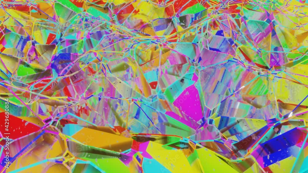 Poster multi-colored deformable low poly surface with black mesh. looped animation. 3d render