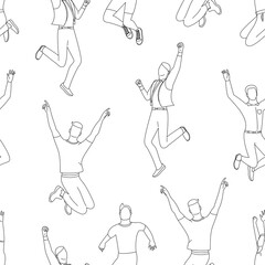 Seamless pattern with line art jumping men in business clothes, with hands up.