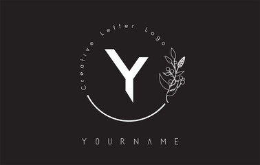 Creative initial letter Y logo with lettering circle hand drawn flower element and leaf.