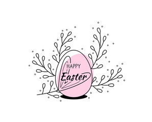 Obraz premium Easter Egg and Willow Branches. Rabbit Ears. Vector Black Thin Linear Contour. Easter concept. Trendy design on a white background. Illustration