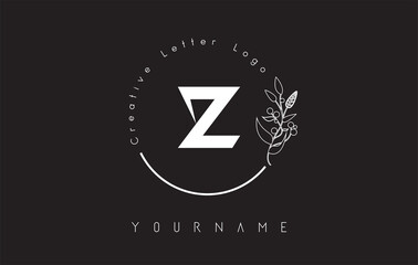 Creative initial letter Z logo with lettering circle hand drawn flower element and leaf.