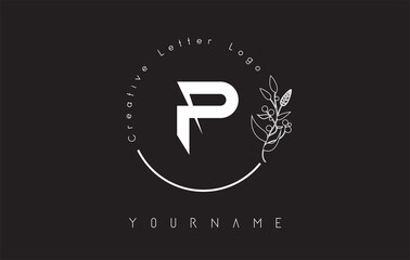 Creative initial letter P logo with lettering circle hand drawn flower element and leaf.