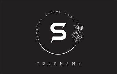 Creative initial letter S logo with lettering circle hand drawn flower element and leaf.
