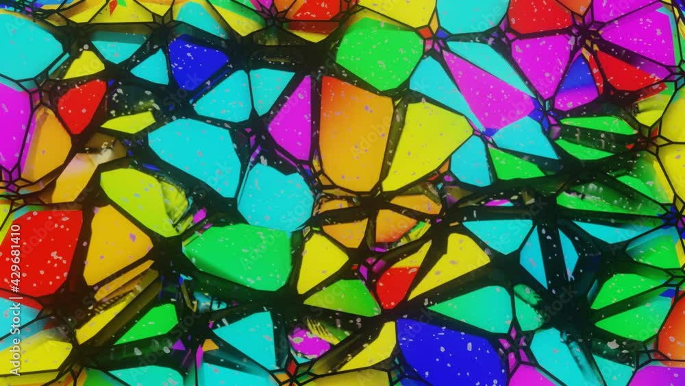 Poster multi-colored deformable low poly surface with black mesh. looped animation. 3d render