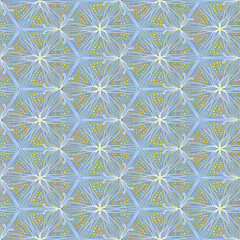 Seamless pattern in gentle pastel colors. Printing on fabric and for interior decoration. Caledoscopic  curved lines and dots. 