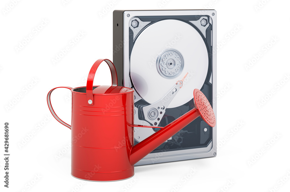 Poster cryptocurrency farming concept. watering can with hard disk drive, 3d rendering