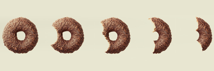 Process of eating a chocolate donut. 3d illustration