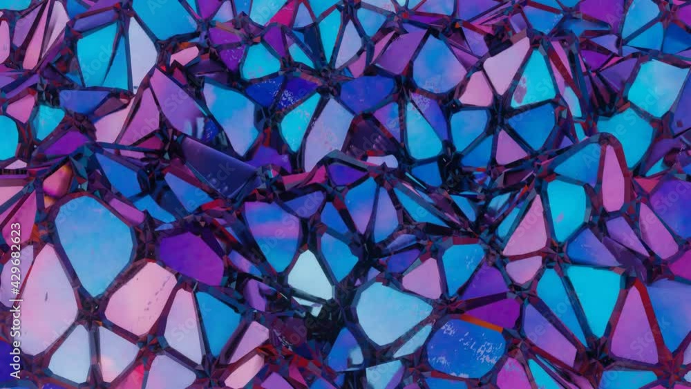 Poster multi-colored deformable low poly surface with black mesh. looped animation. 3d render