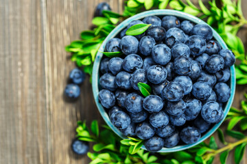 Fresh blueberries background with copy space for your text. Blueberry antioxidant organic superfood in a bowl concept for healthy eating and nutrition
