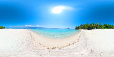 Tropical island with sand beach, palm trees by atoll with coral reef. 360 VR. Philippines. Summer and travel vacation concept.