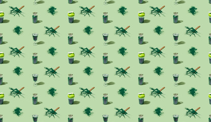 Seamless isometric pattern made of green spirulina algae powder and drinks. Healthy food concept.