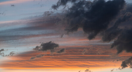 Colorful sky with beautiful clouds after sunset. Sky background.