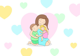 Loving tender mother with two cute happy children, teenage boy and little girl, hugging each other, pastel palette, surrounded by hearts on white background, editable strokes, vector illustration