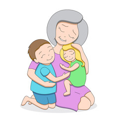 Loving grey-haired grandmother with two cute happy grandchildren, teenage boy and little girl, hugging each other, pastel palette, isolated on white background, editable strokes, vector illustration